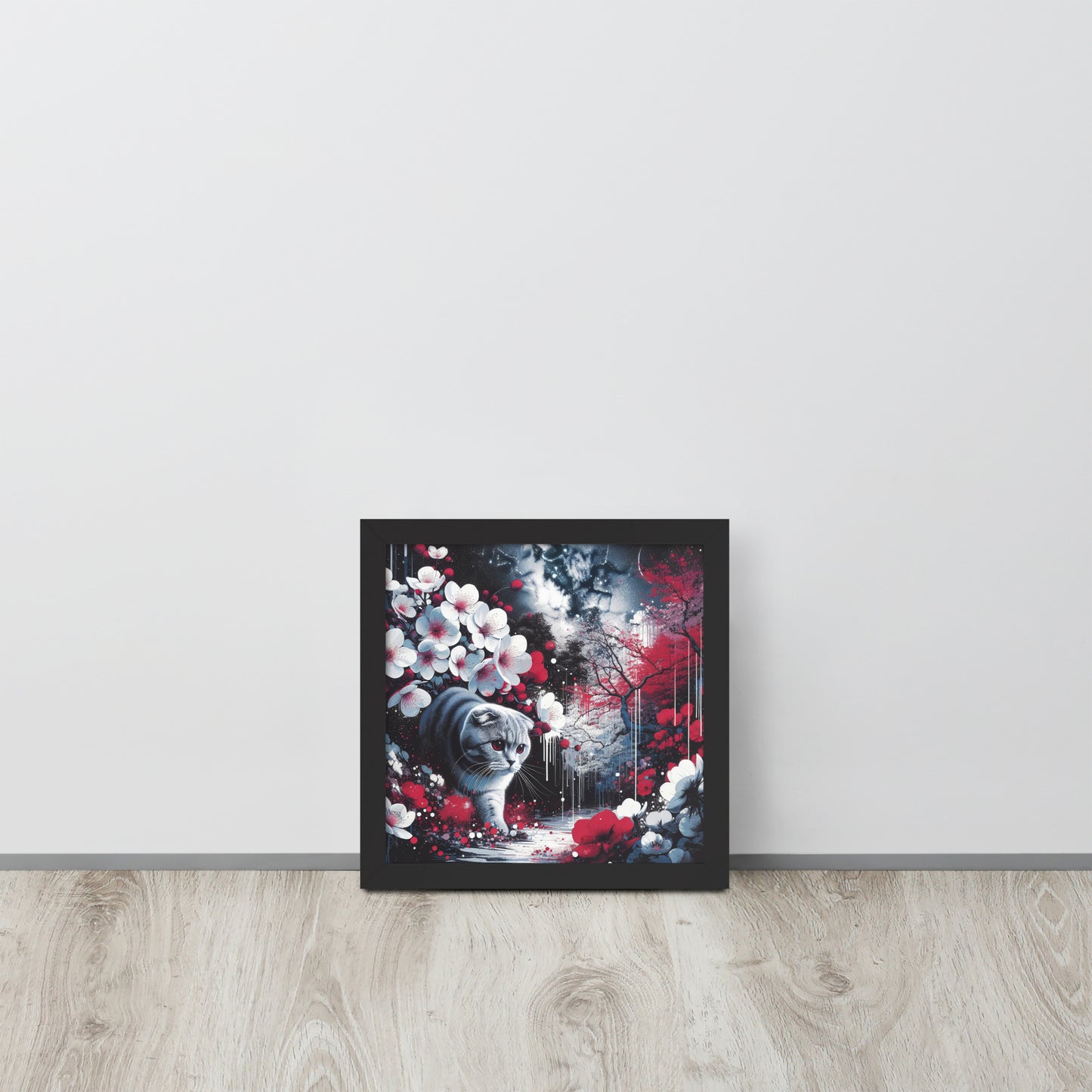 Enchanting Cat & Cherry Blossom Framed Poster - Thick Matte Paper & Black Wood Frame - BrushstrokesOfCode