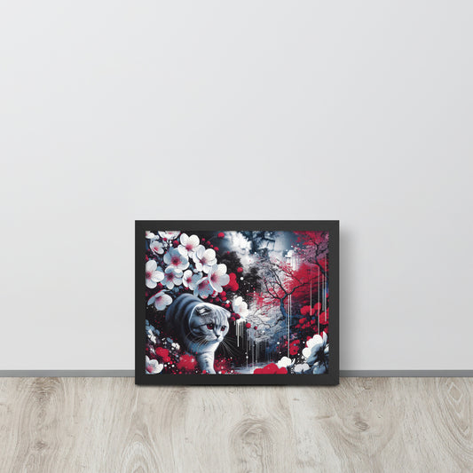 Enchanting Cat & Cherry Blossom Framed Poster - Thick Matte Paper & Black Wood Frame - BrushstrokesOfCode
