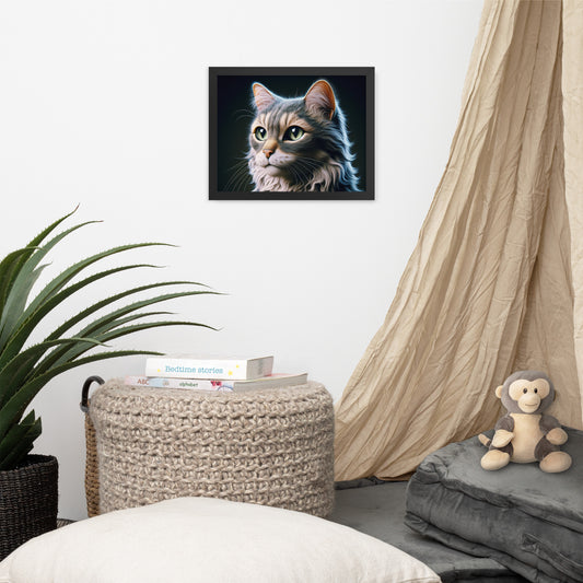Regal Cat Portrait Framed Poster - Thick Matte Paper & Black Wood Frame - BrushstrokesOfCode