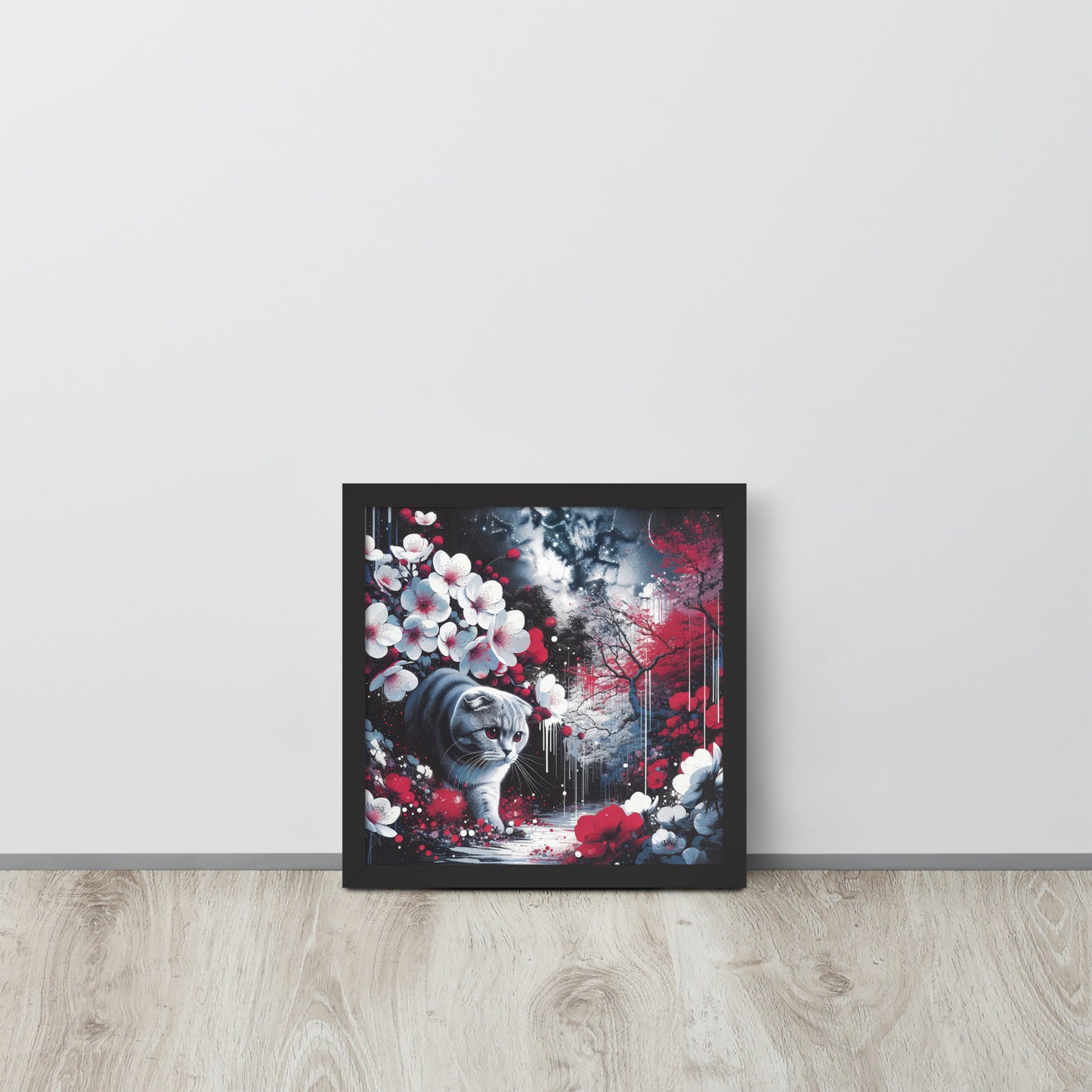 Enchanting Cat & Cherry Blossom Framed Poster - Thick Matte Paper & Black Wood Frame - BrushstrokesOfCode