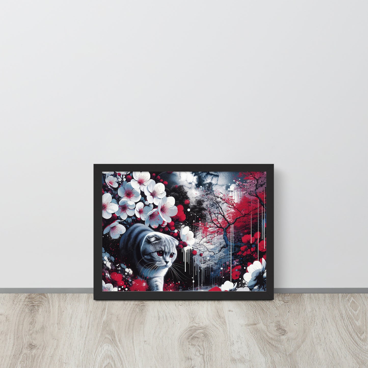 Enchanting Cat & Cherry Blossom Framed Poster - Thick Matte Paper & Black Wood Frame - BrushstrokesOfCode