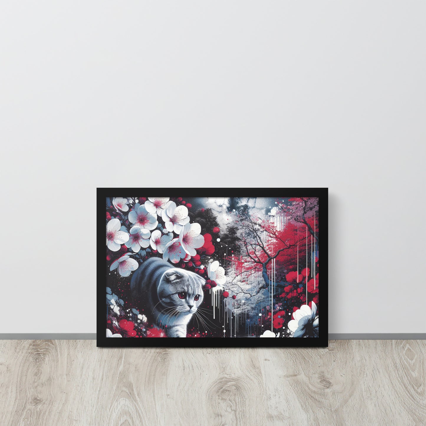 Enchanting Cat & Cherry Blossom Framed Poster - Thick Matte Paper & Black Wood Frame - BrushstrokesOfCode