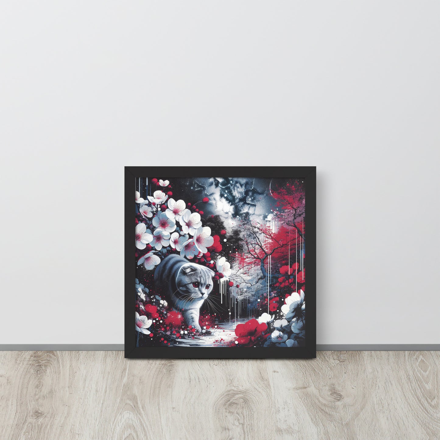 Enchanting Cat & Cherry Blossom Framed Poster - Thick Matte Paper & Black Wood Frame - BrushstrokesOfCode