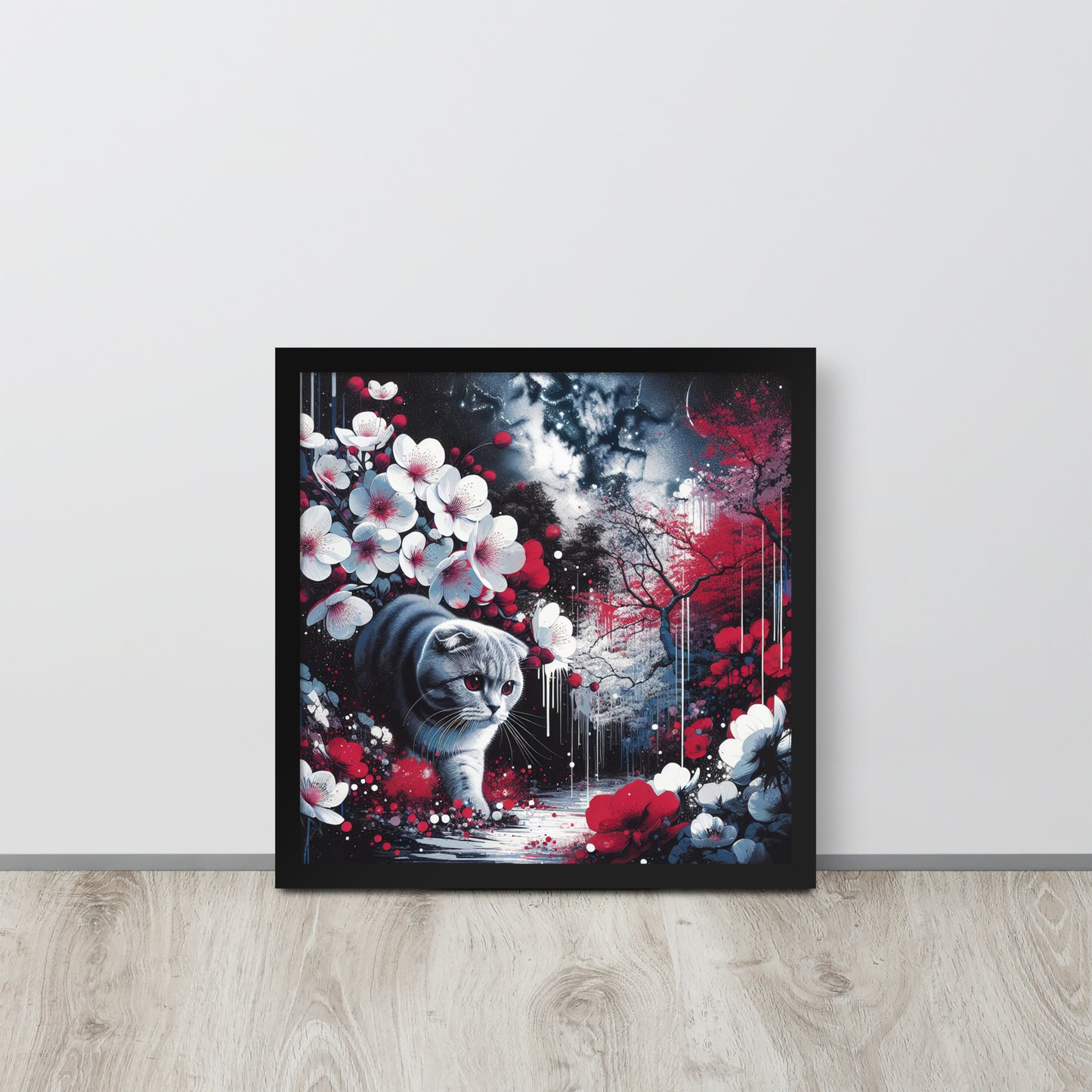 Enchanting Cat & Cherry Blossom Framed Poster - Thick Matte Paper & Black Wood Frame - BrushstrokesOfCode