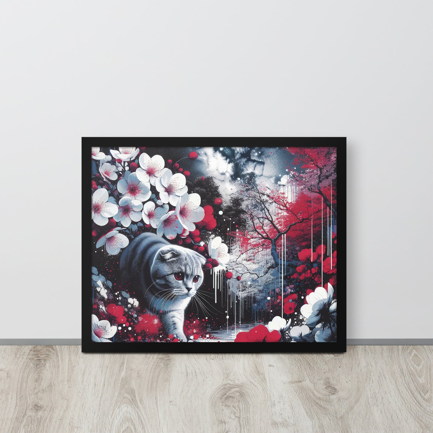 Enchanting Cat & Cherry Blossom Framed Poster - Thick Matte Paper & Black Wood Frame - BrushstrokesOfCode