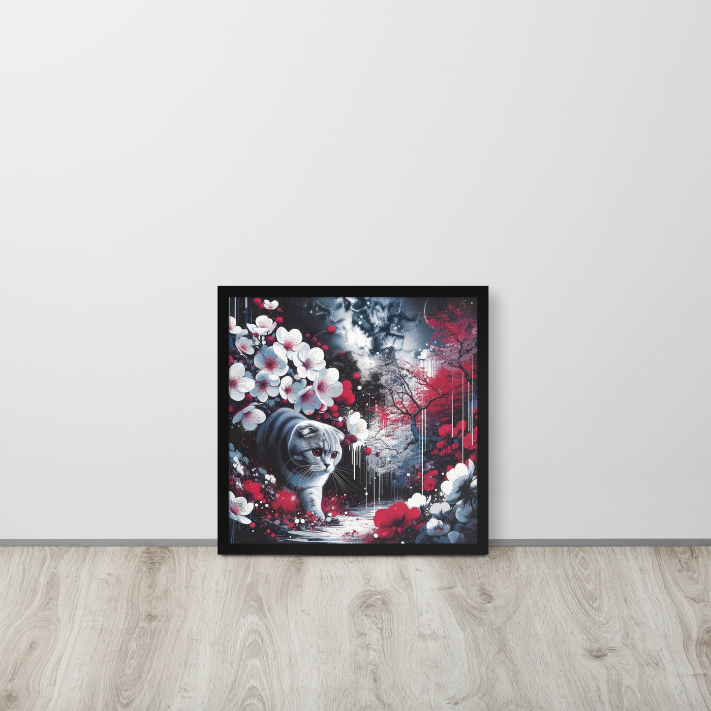 Enchanting Cat & Cherry Blossom Framed Poster - Thick Matte Paper & Black Wood Frame - BrushstrokesOfCode