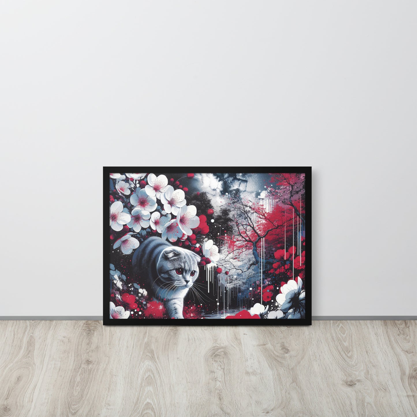 Enchanting Cat & Cherry Blossom Framed Poster - Thick Matte Paper & Black Wood Frame - BrushstrokesOfCode