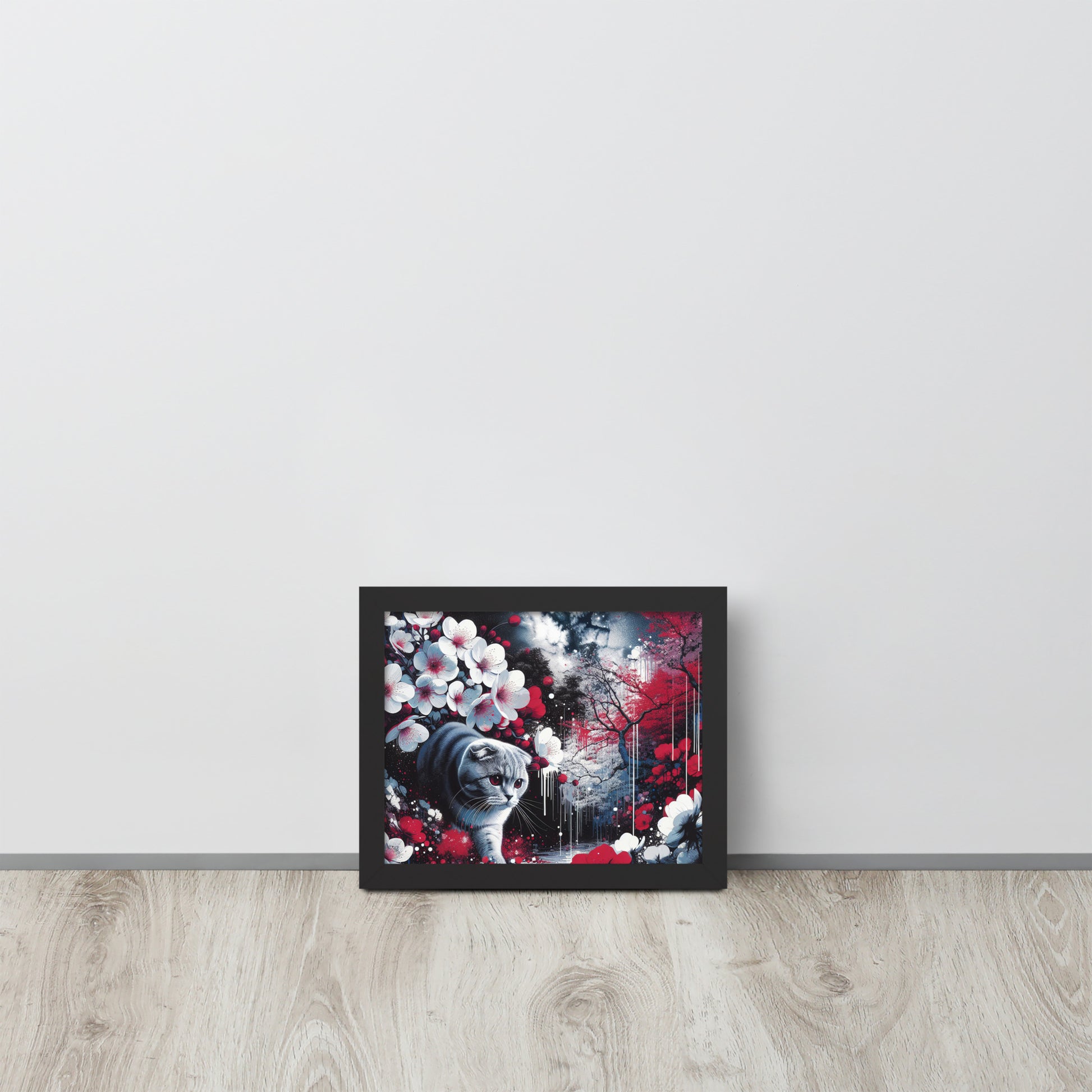 Enchanting Cat & Cherry Blossom Framed Poster - Thick Matte Paper & Black Wood Frame - BrushstrokesOfCode