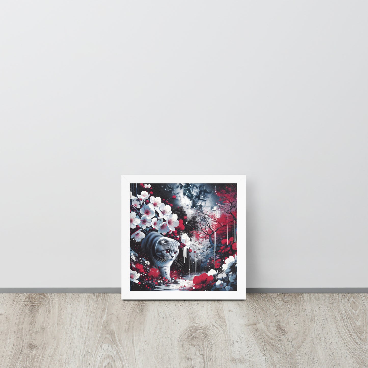 Enchanting Cat & Cherry Blossom Framed Poster - Thick Matte Paper & Black Wood Frame - BrushstrokesOfCode