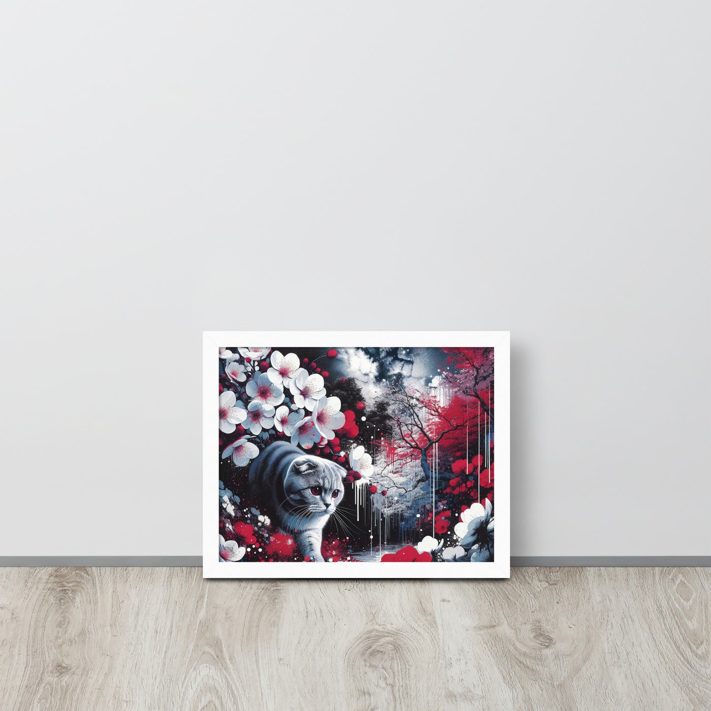 Enchanting Cat & Cherry Blossom Framed Poster - Thick Matte Paper & Black Wood Frame - BrushstrokesOfCode