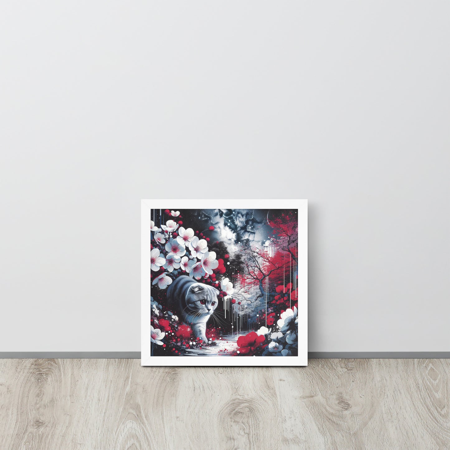 Enchanting Cat & Cherry Blossom Framed Poster - Thick Matte Paper & Black Wood Frame - BrushstrokesOfCode