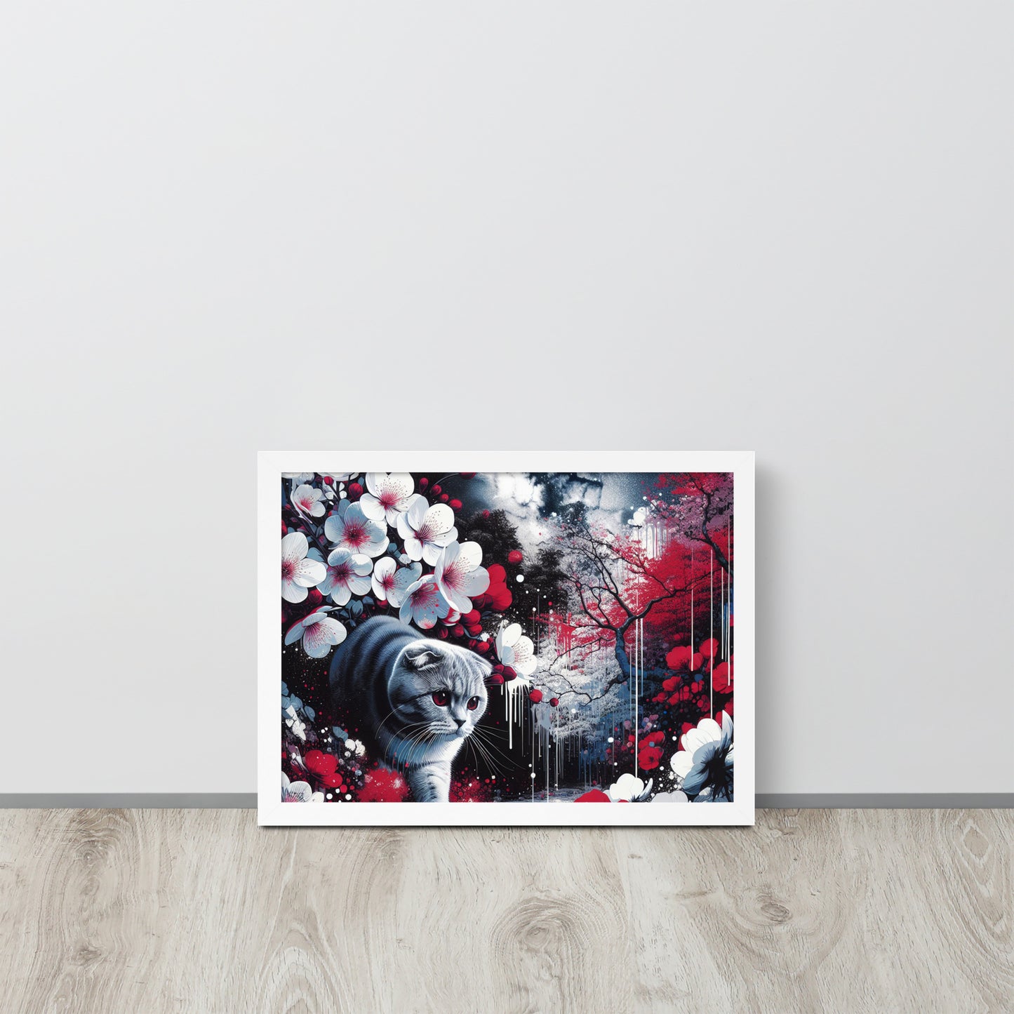 Enchanting Cat & Cherry Blossom Framed Poster - Thick Matte Paper & Black Wood Frame - BrushstrokesOfCode