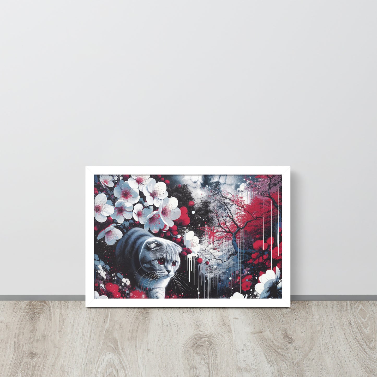 Enchanting Cat & Cherry Blossom Framed Poster - Thick Matte Paper & Black Wood Frame - BrushstrokesOfCode