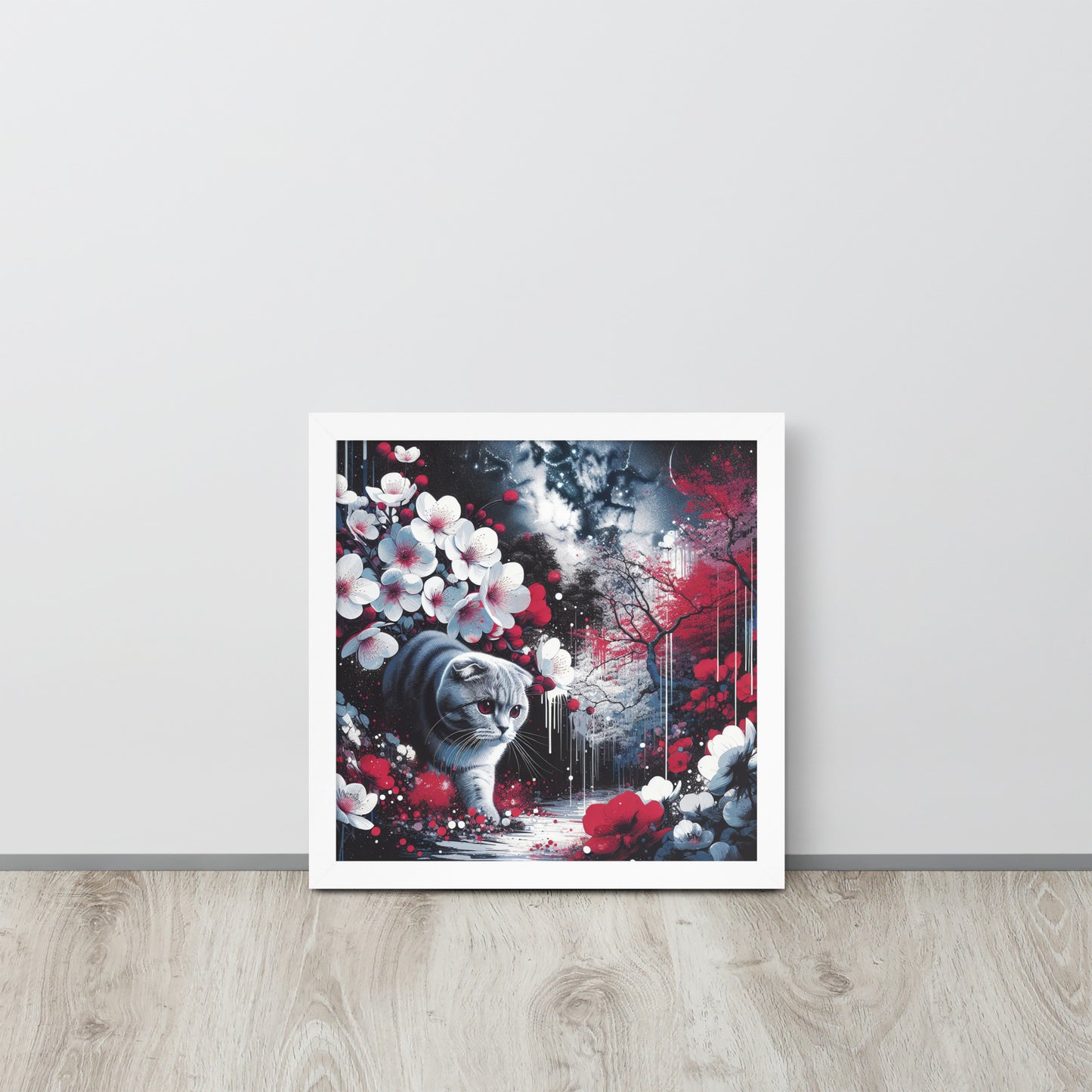 Enchanting Cat & Cherry Blossom Framed Poster - Thick Matte Paper & Black Wood Frame - BrushstrokesOfCode