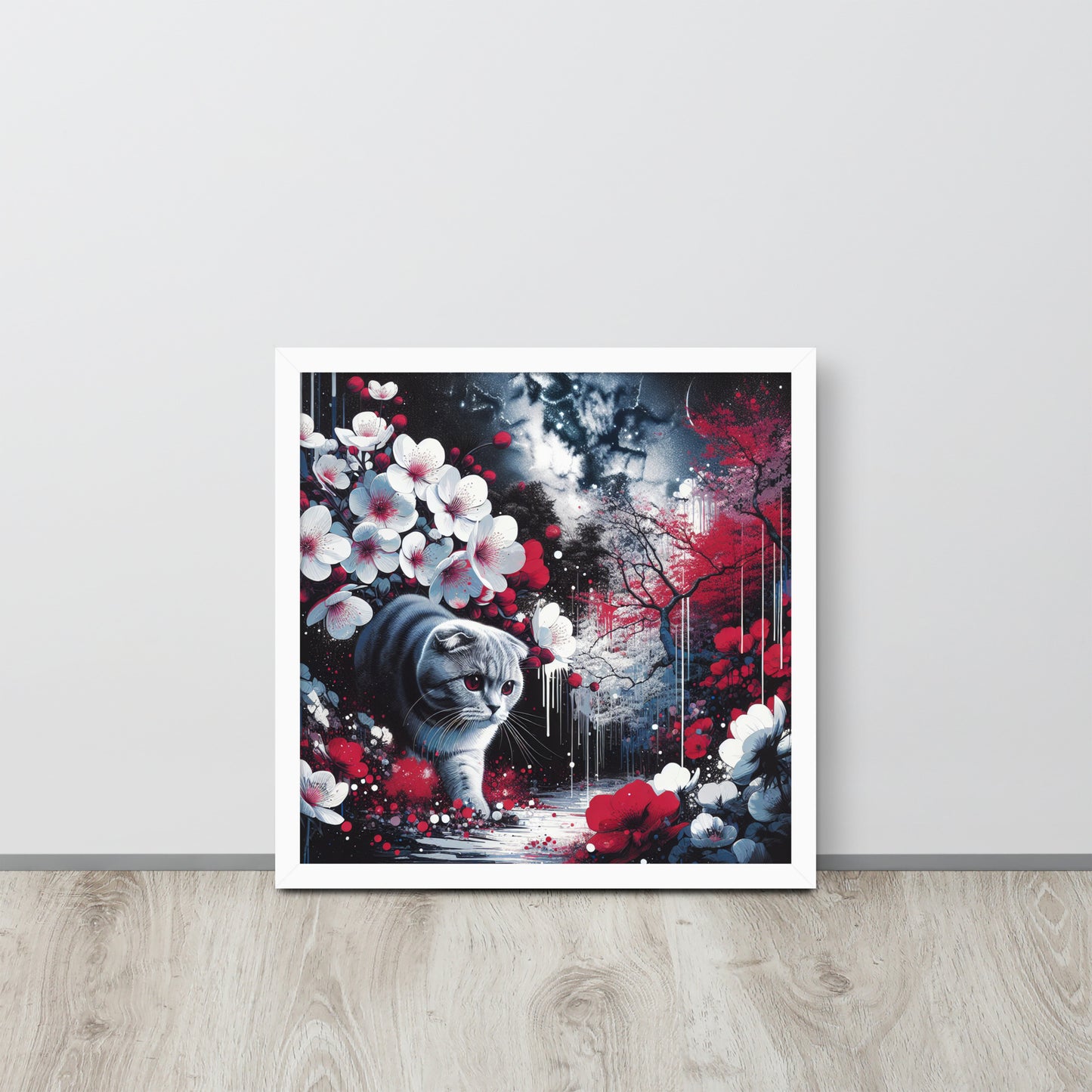 Enchanting Cat & Cherry Blossom Framed Poster - Thick Matte Paper & Black Wood Frame - BrushstrokesOfCode