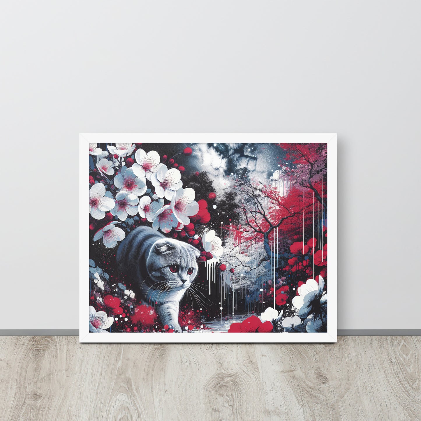 Enchanting Cat & Cherry Blossom Framed Poster - Thick Matte Paper & Black Wood Frame - BrushstrokesOfCode