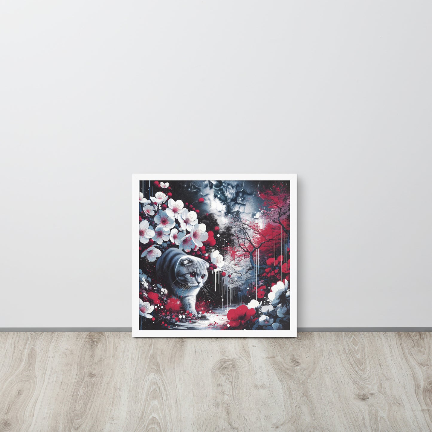 Enchanting Cat & Cherry Blossom Framed Poster - Thick Matte Paper & Black Wood Frame - BrushstrokesOfCode