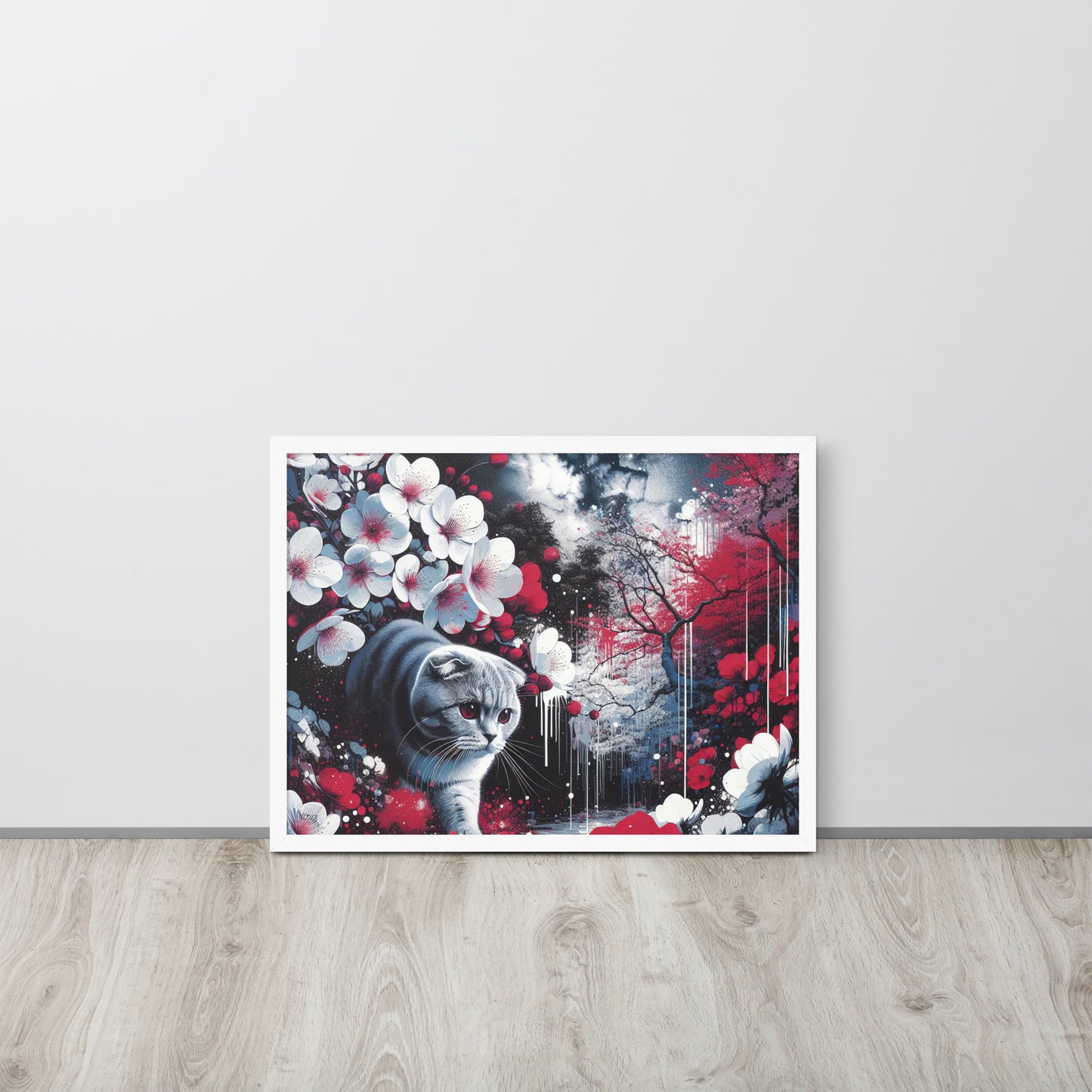 Enchanting Cat & Cherry Blossom Framed Poster - Thick Matte Paper & Black Wood Frame - BrushstrokesOfCode
