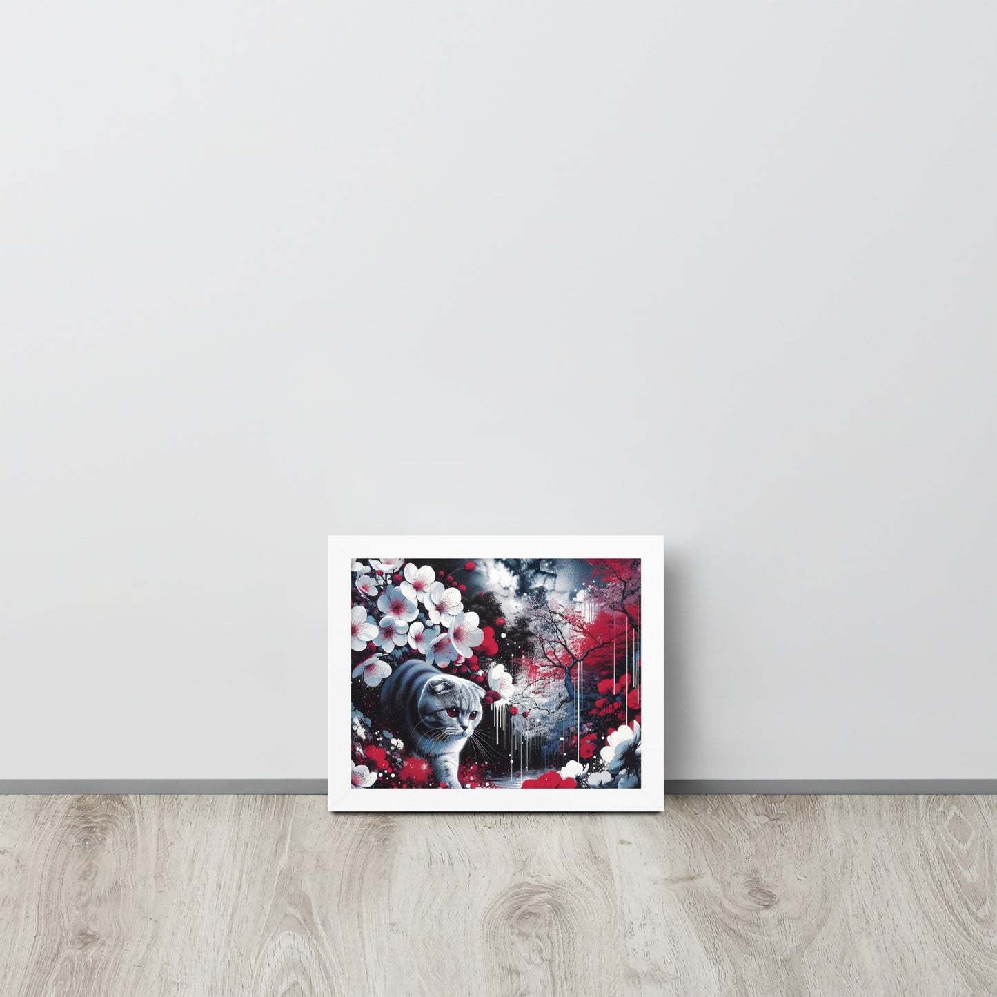 Enchanting Cat & Cherry Blossom Framed Poster - Thick Matte Paper & Black Wood Frame - BrushstrokesOfCode